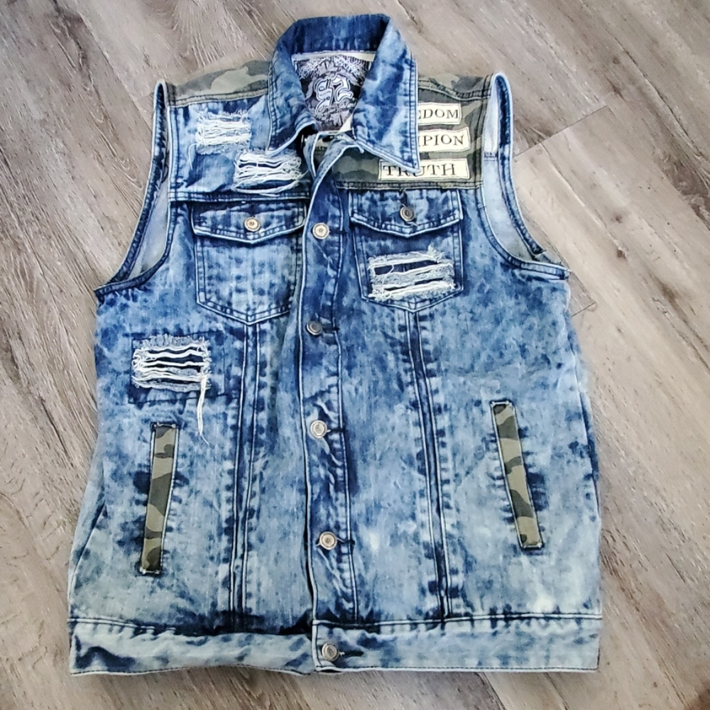 S2 Distressed Denim Camouflage Jean Vest